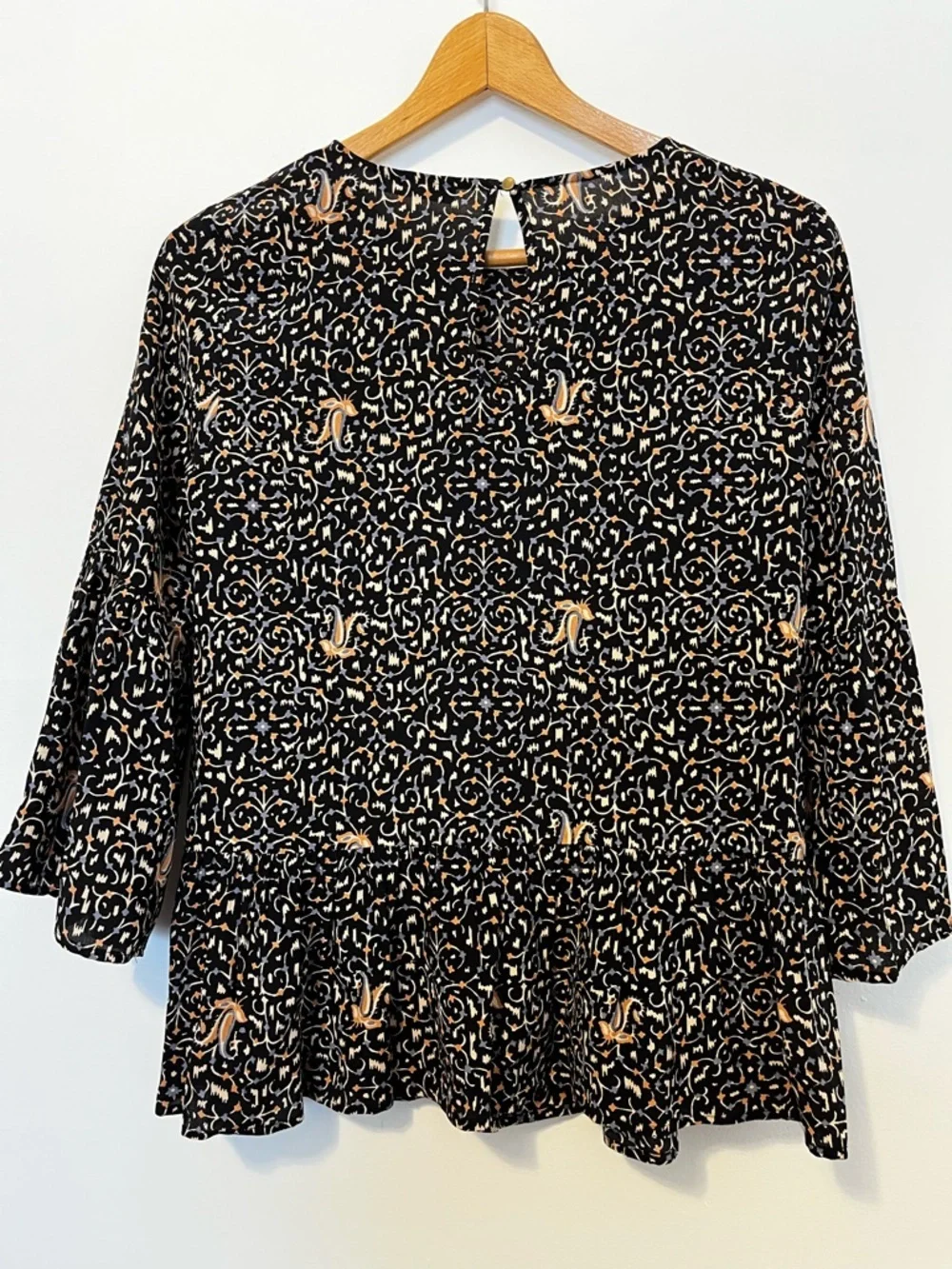 Madewell Fiesta Paisley Silk Bell Sleeve 3/4 Peplum Blouse Button Keyhole Back